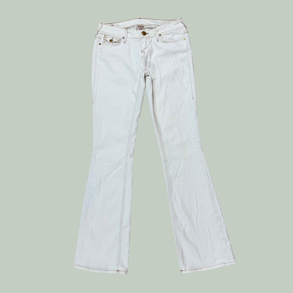 True Religion White Flare Jeans Tan Stitch Flap Pocket Made in USA Womens 28